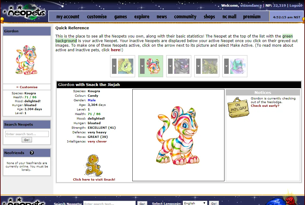Trang trạng thái của game Neopets hiển thị thông tin và tình trạng chăm sóc thú cưng ảo của người chơi.