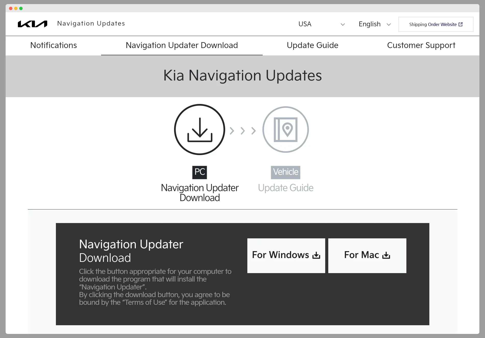 Trang web của Kia hiển thị tùy chọn tải công cụ cập nhật phần mềm định vị, chỉ hỗ trợ Windows và Mac.
