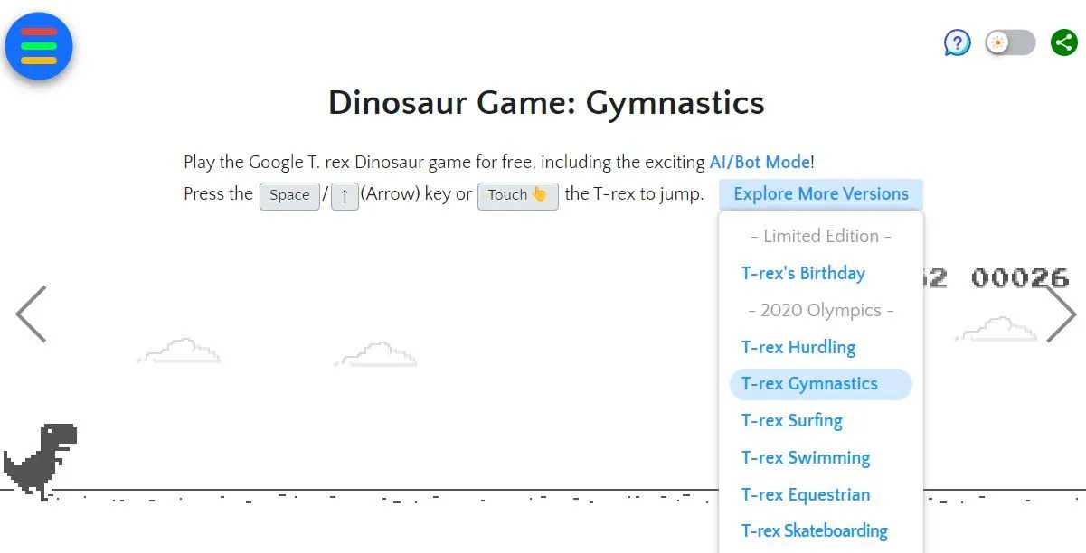 Trò chơi khủng long T-Rex nổi tiếng có sẵn trên trang Elgoog.