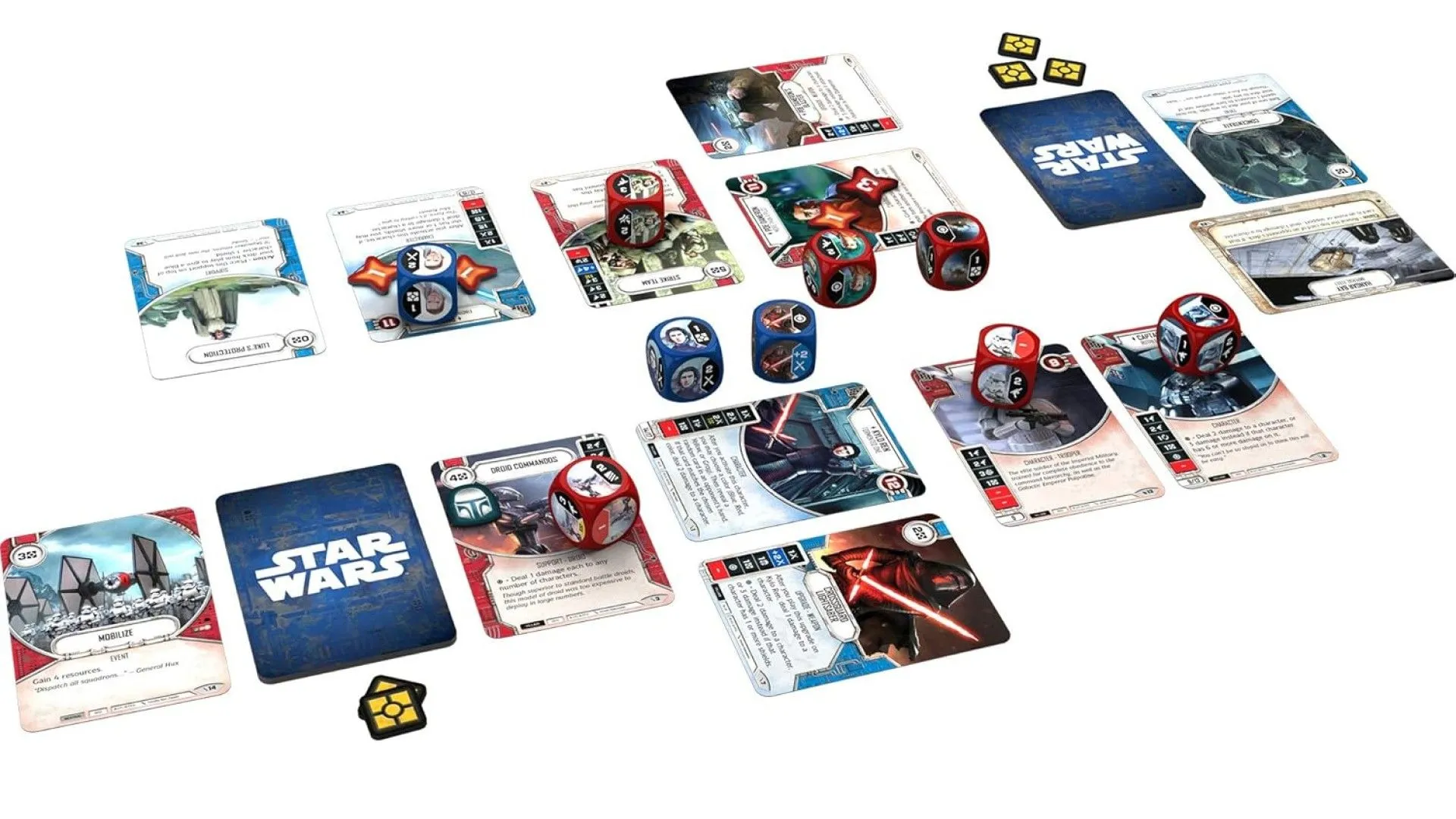 Trò chơi Star Wars Destiny trên bàn, với các lá bài và xúc xắc.