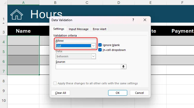 Trong hộp thoại &quot;Data Validation&quot; của Excel, tùy chọn &quot;List&quot; được chọn trong trường &quot;Allow&quot;, cho phép tạo danh sách thả xuống từ một nguồn dữ liệu cụ thể.