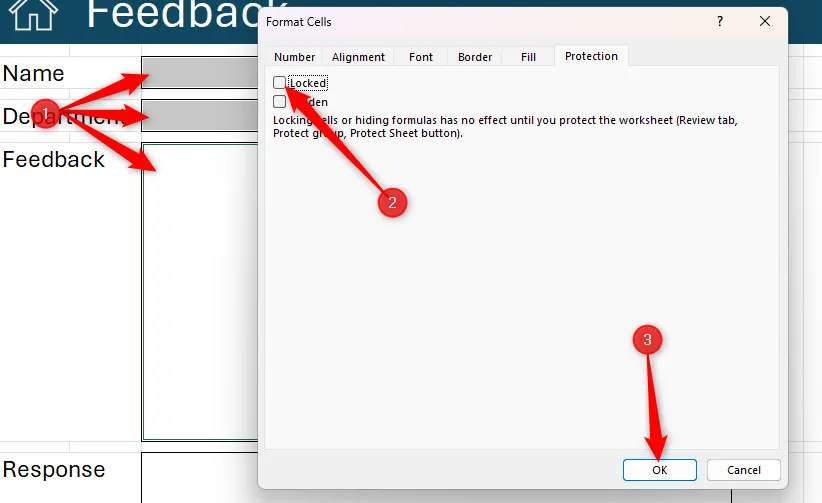 Trong hộp thoại &quot;Format Cells&quot; của Excel, ba ô đã chọn được bỏ chọn &quot;Locked&quot; tại tab &quot;Protection&quot;, cho phép chỉnh sửa các ô này khi bảng tính được bảo vệ.
