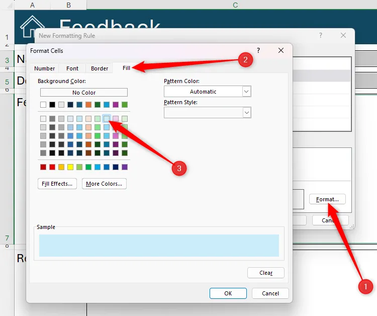 Trong hộp thoại &quot;New Formatting Rule&quot; của Excel, nút &quot;Format&quot; được nhấn và sau đó một màu xanh nhạt được chọn trong tab &quot;Fill&quot; của hộp thoại &quot;Format Cells&quot; để áp dụng cho các ô trống.