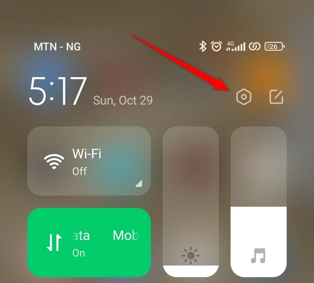 Trung tâm điều khiển Android với biểu tượng cài đặt