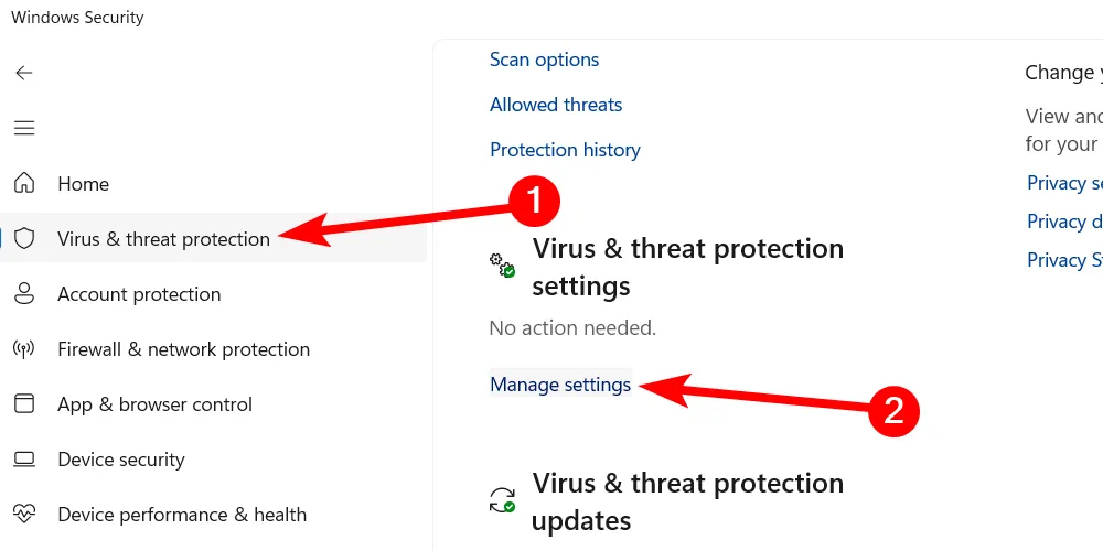 Truy cập cài đặt quản lý bảo vệ chống virus và mối đe dọa trong Windows Security.