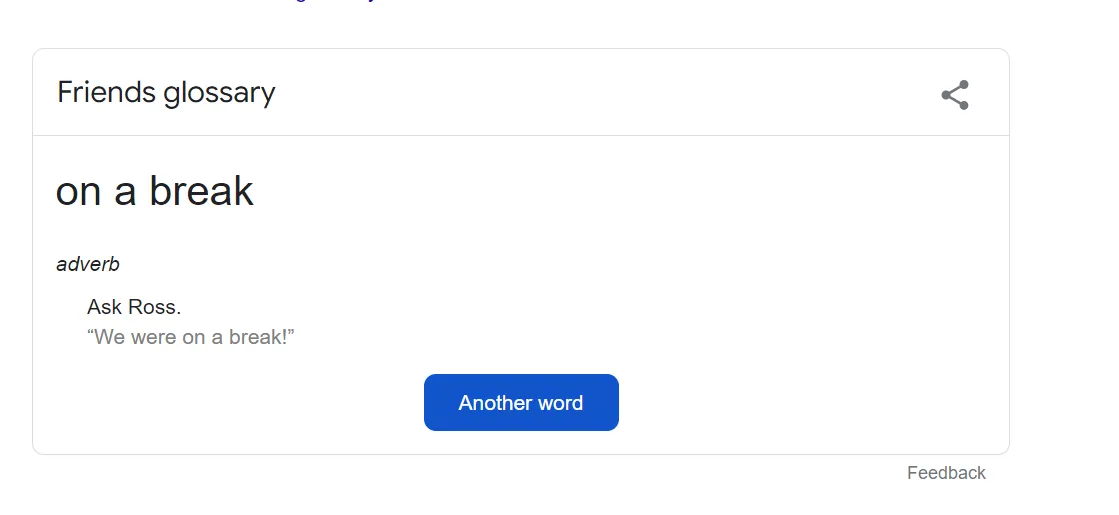 Từ điển &quot;Friends Glossary&quot; trên Google Search hiển thị các thuật ngữ và cách dùng từ chương trình Friends