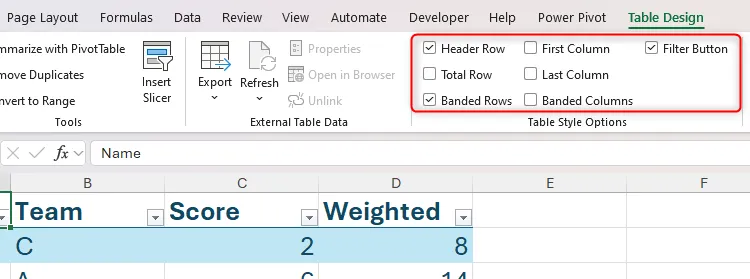 Tùy chỉnh các tùy chọn kiểu bảng trong thẻ Table Design của Excel, bao gồm dải hàng, bộ lọc và hàng tổng.