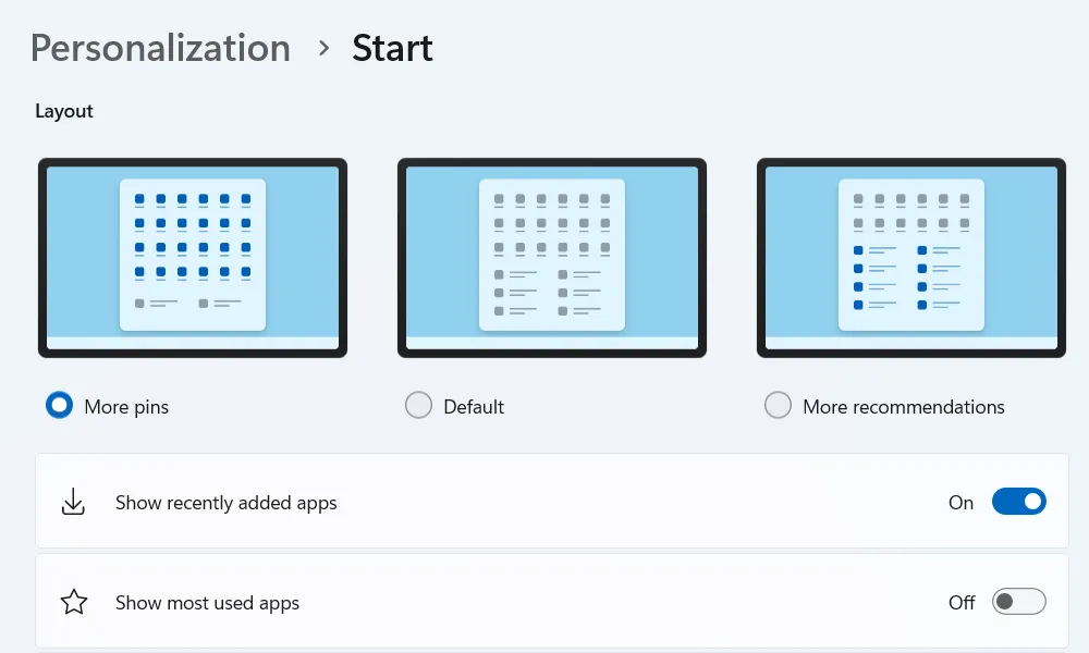 Tùy chọn cá nhân hóa Menu Start trong cài đặt Windows.