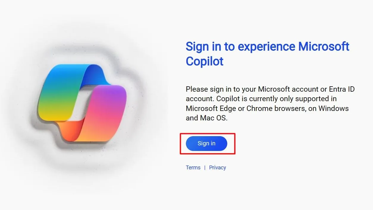 Tùy chọn đăng nhập tài khoản Microsoft trên trang web Copilot