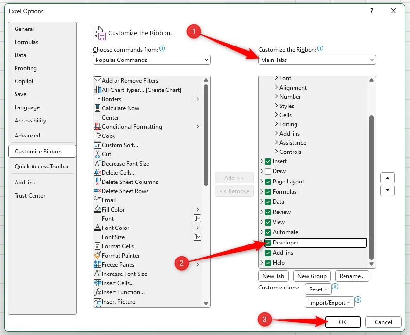 Tùy chọn &quot;Developer&quot; được tích chọn trong cửa sổ Excel Options để hiển thị tab Developer.