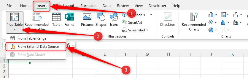 Tùy chọn From External Data Source trong menu thả xuống PivotTable của tab Insert trên Excel cho phép nhập dữ liệu từ nhiều nguồn khác nhau.