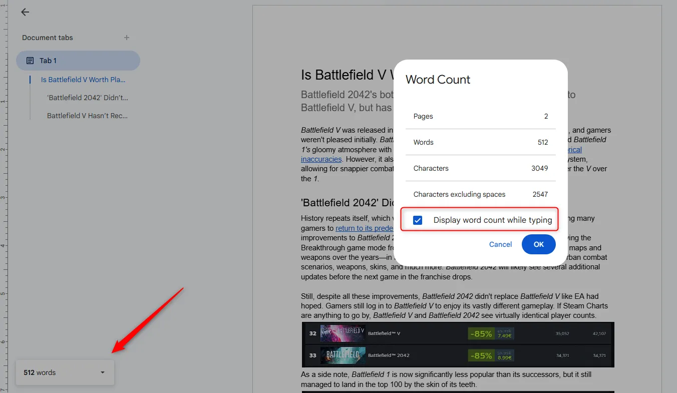 Tùy chọn hiển thị số lượng từ khi đang gõ trong Google Docs