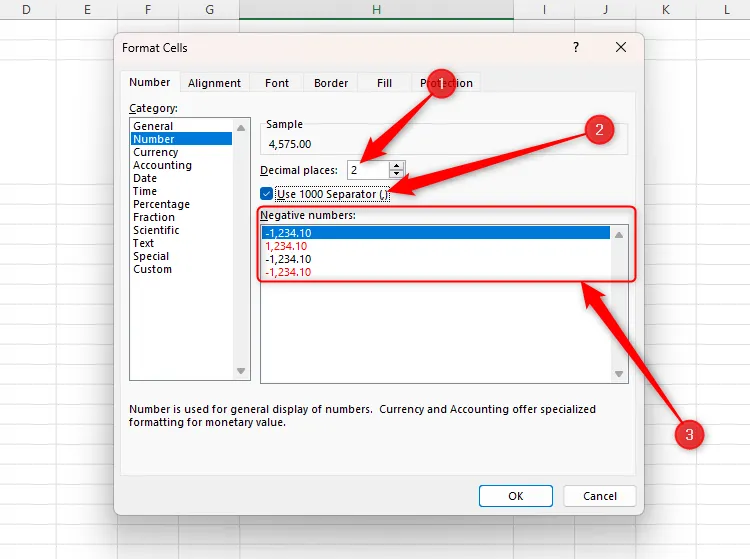 Tùy chọn hiển thị số thập phân, dấu phân cách và số âm trong định dạng Number của Excel