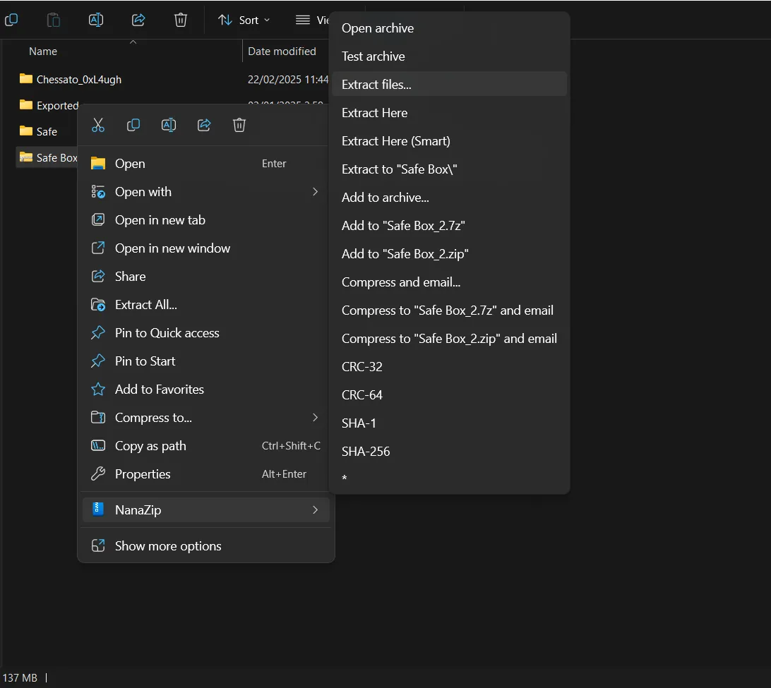 Tùy chọn NanaZip hiển thị trong menu ngữ cảnh chuột phải của Windows khi chọn một file nén