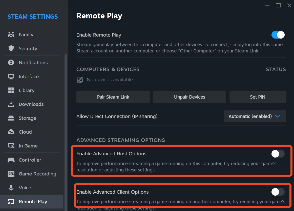 Tùy chọn nâng cao của Steam Remote Play để điều chỉnh chất lượng và băng thông