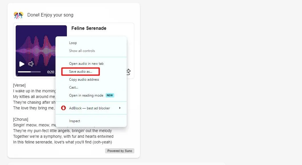 Tùy chọn &quot;Save Audio As&quot; khi nhấp chuột phải vào bài hát do Suno tạo ra để lưu file âm thanh