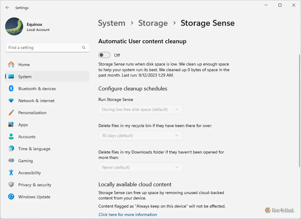 Tùy chọn Storage Sense trong Cài đặt trên Windows 11.