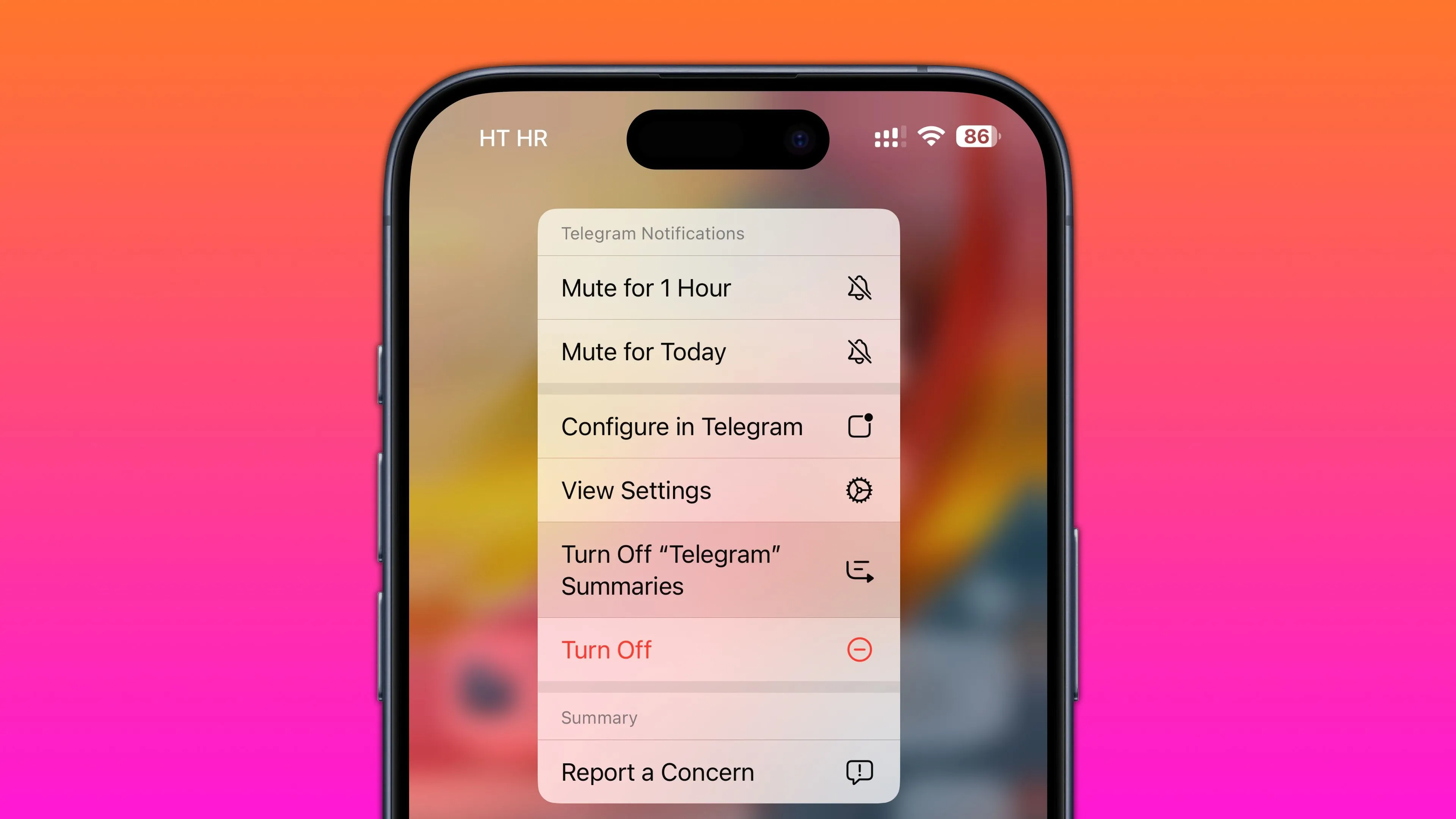 Tùy chọn &quot;Tắt tóm tắt&quot; cho thông báo Telegram hiển thị trên màn hình khóa iPhone, giúp người dùng kiểm soát tính năng tóm tắt AI trong iOS 18.3.