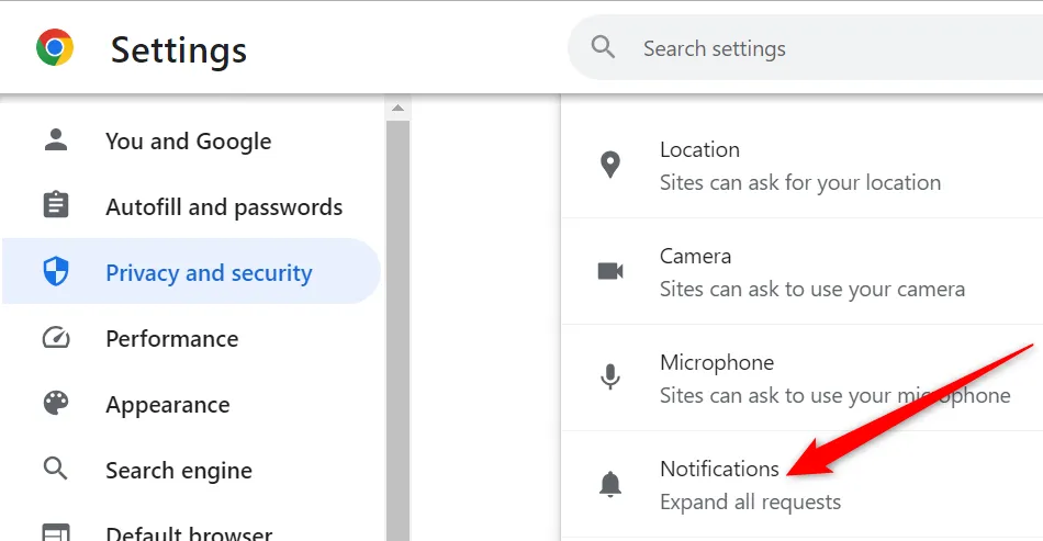 Tùy chọn Thông báo trong phần Quyền của Chrome