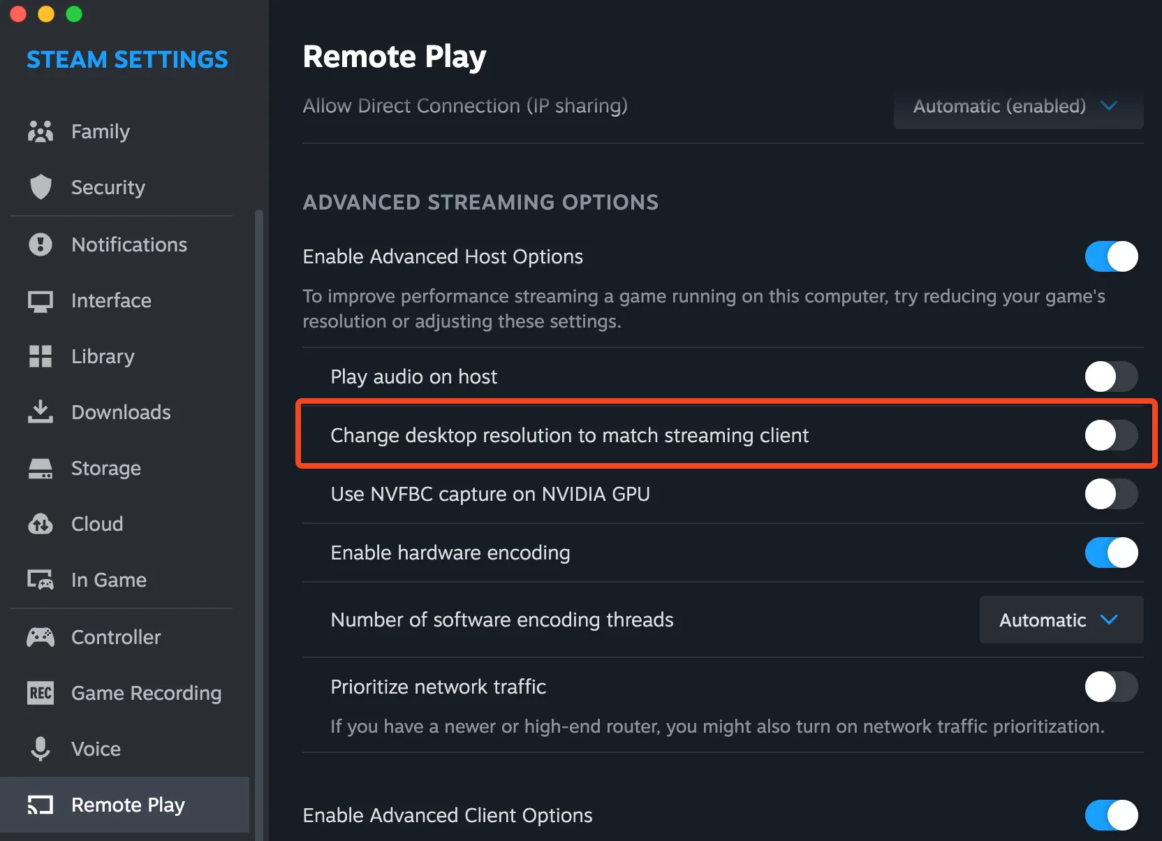 Tùy chọn tự động khớp độ phân giải màn hình trong Steam Remote Play