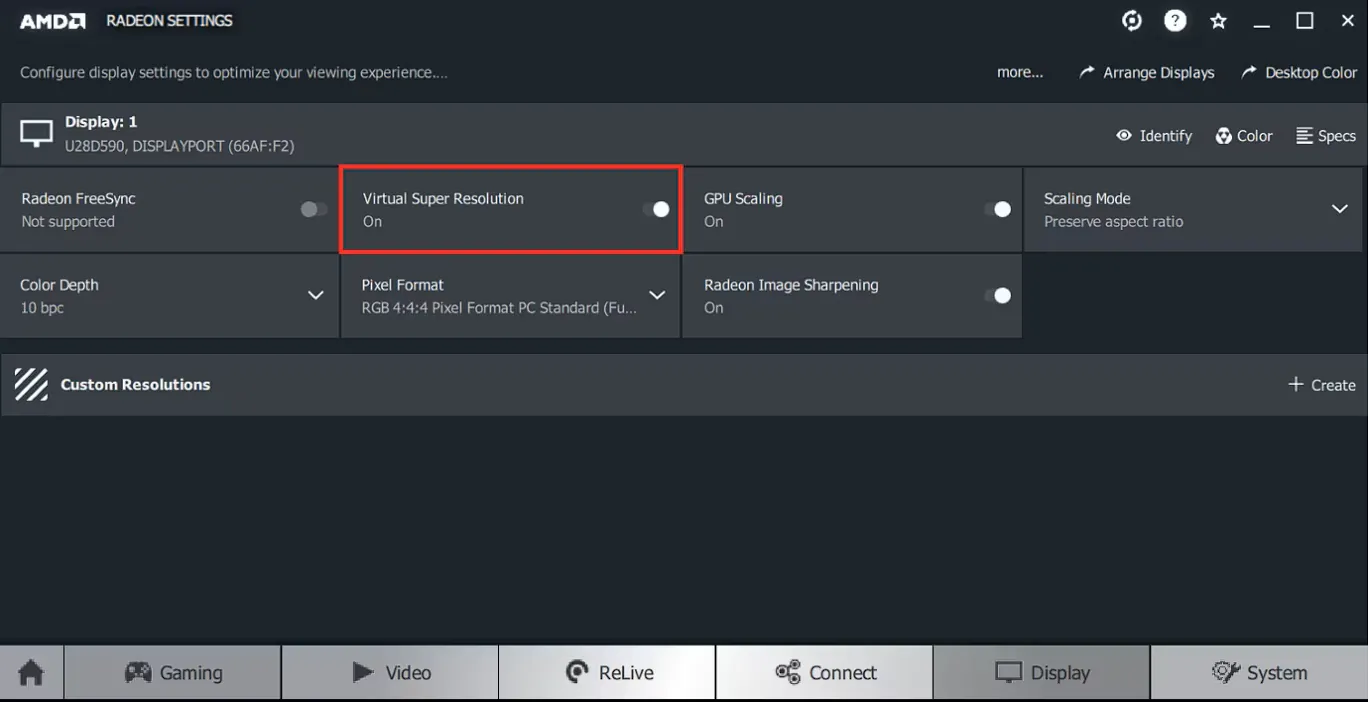 Tùy chọn Virtual Super Resolution (VSR) trong phần mềm AMD Radeon Settings để chụp ảnh màn hình độ phân giải cao.