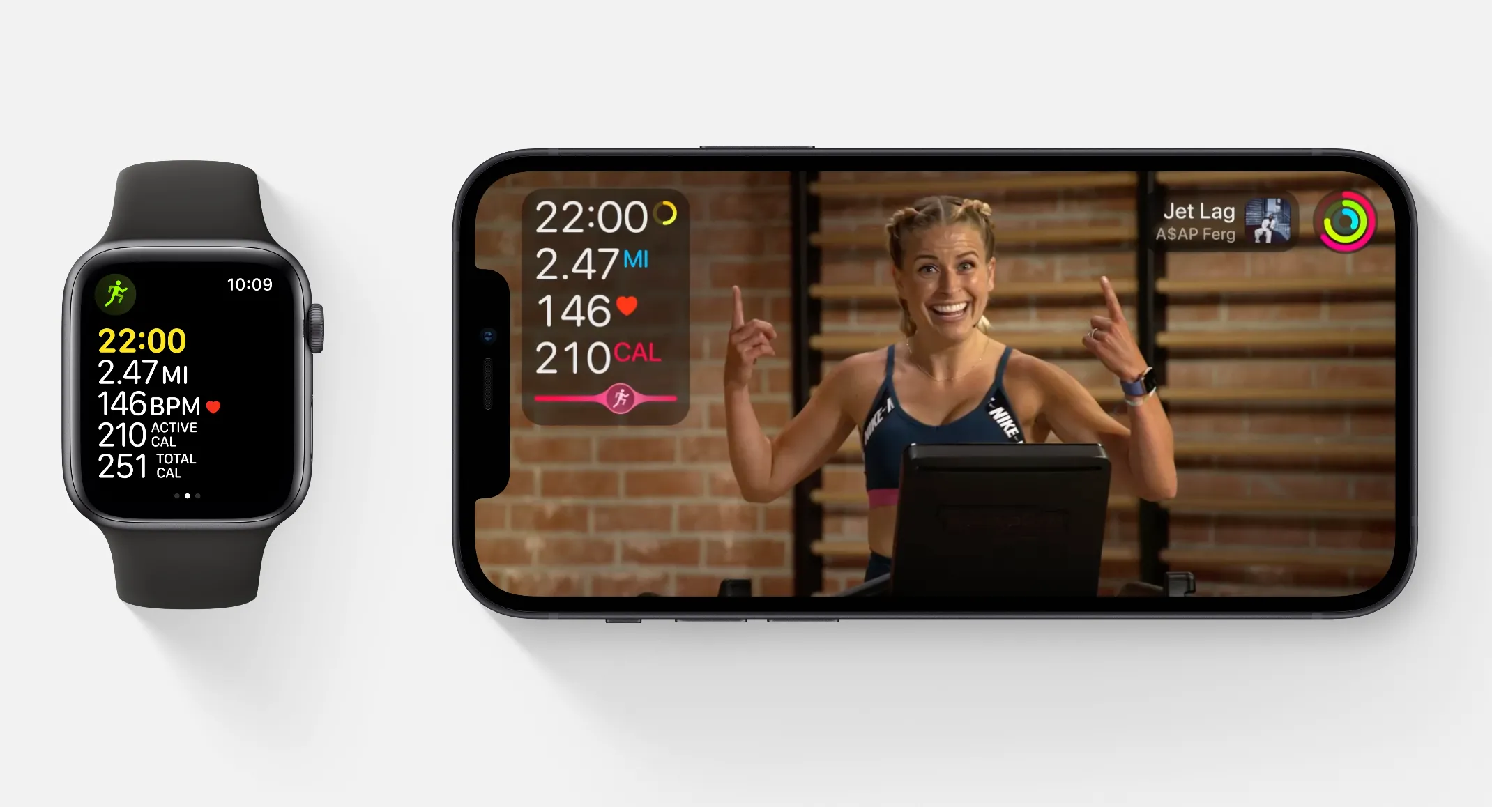 Ứng dụng Apple Fitness+ hiển thị trên màn hình Apple Watch và iPhone