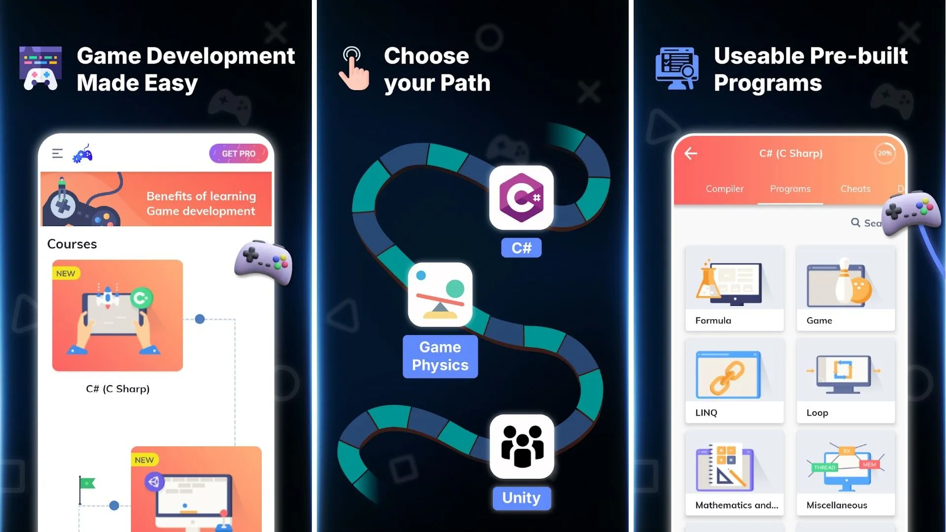 Ứng dụng Build Your First Game với giao diện học lập trình, minh họa các khóa học cơ bản giúp người mới học làm game Android