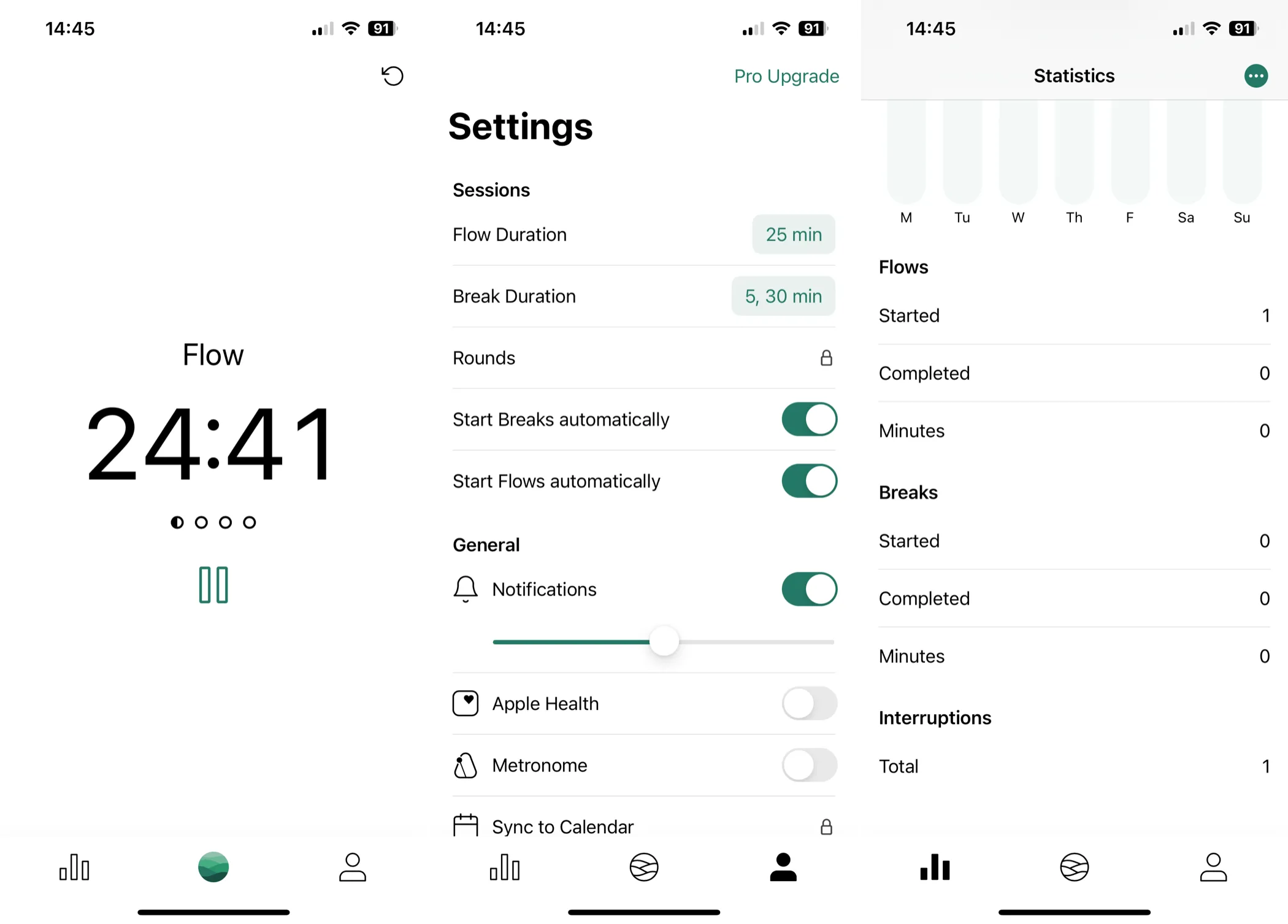 Ứng dụng Flow trên iPhone hiển thị đồng hồ Pomodoro với giao diện trực quan và tính năng theo dõi