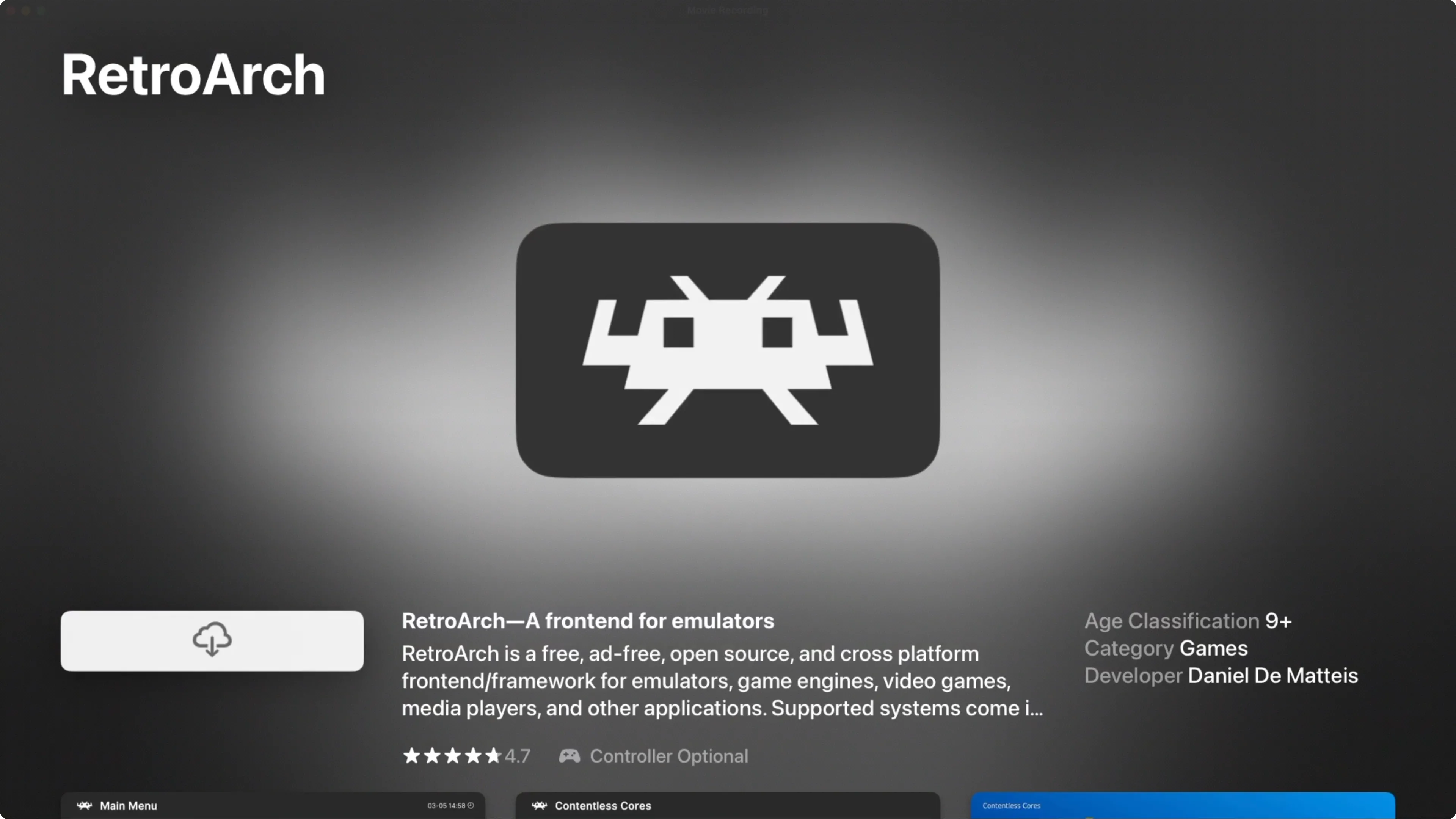 Ứng dụng RetroArch hiển thị trên cửa hàng App Store của tvOS.