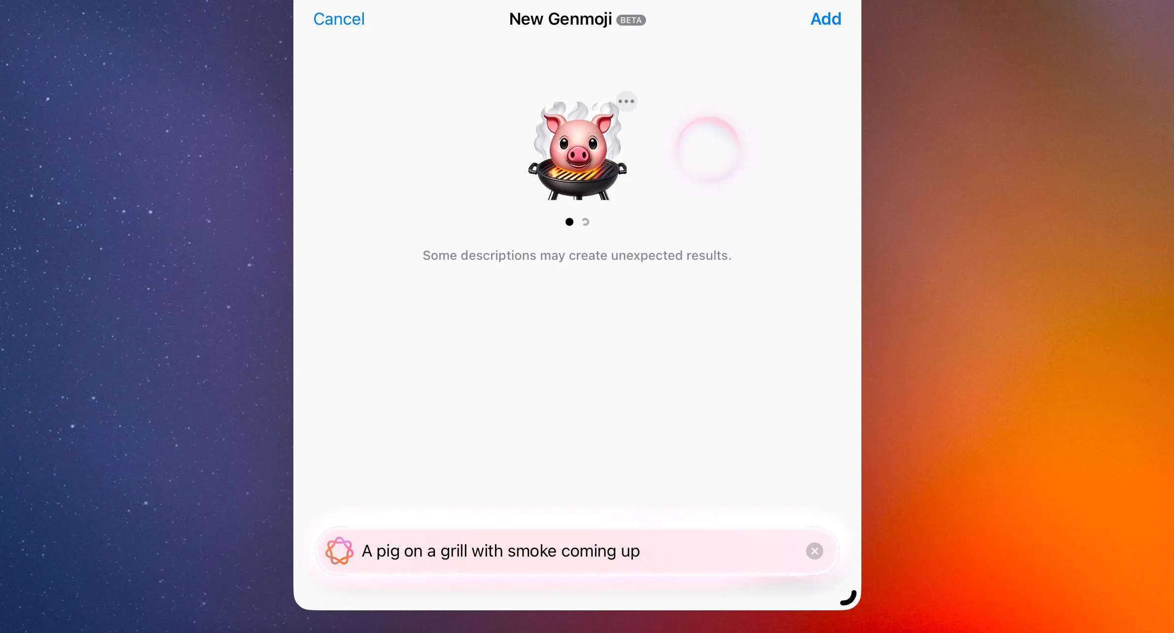 Ví dụ Genmoji được tạo tùy chỉnh: Một chú heo đang nằm trên lò nướng, có khói bốc lên, minh họa khả năng sáng tạo của tính năng biểu tượng cảm xúc AI.