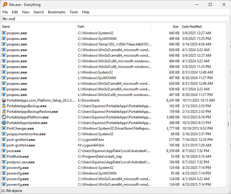 Ví dụ tìm kiếm tệp thực thi (.exe) bằng cú pháp lọc trên Everything.