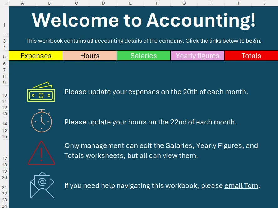 Ví dụ về một trang chủ (Homepage) được thiết kế chuyên nghiệp trong Excel, giúp người dùng dễ dàng điều hướng và nắm bắt thông tin tổng quan về workbook.