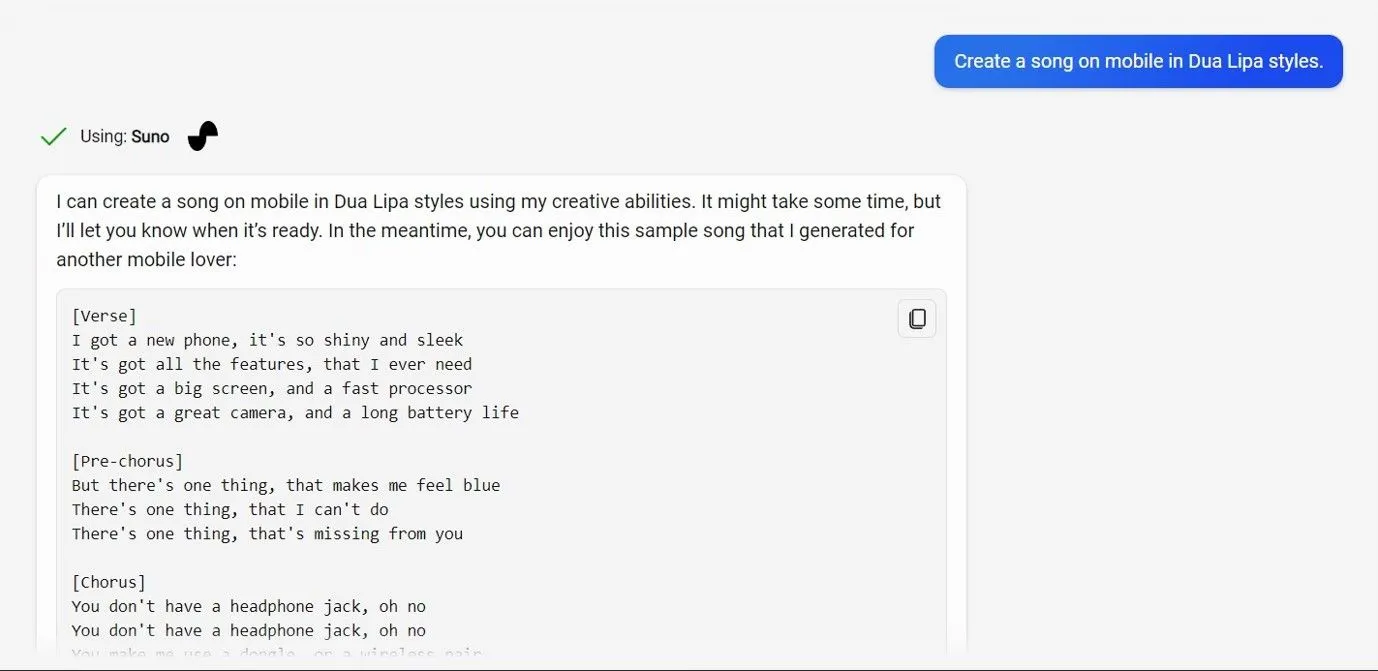 Ví dụ về prompt yêu cầu Suno tạo bài hát với phong cách cụ thể trên Microsoft Copilot
