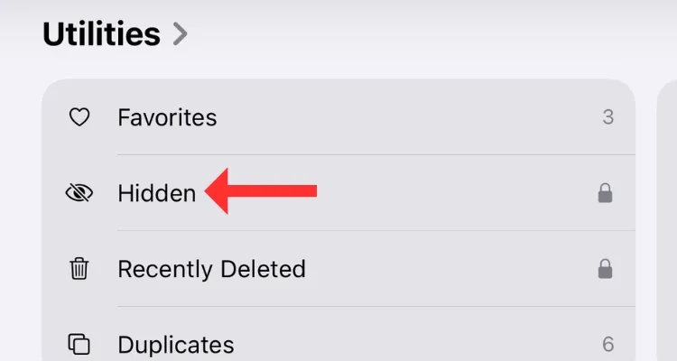 Vị trí album Đã ẩn trong phần Tiện ích của ứng dụng Ảnh trên iOS 18