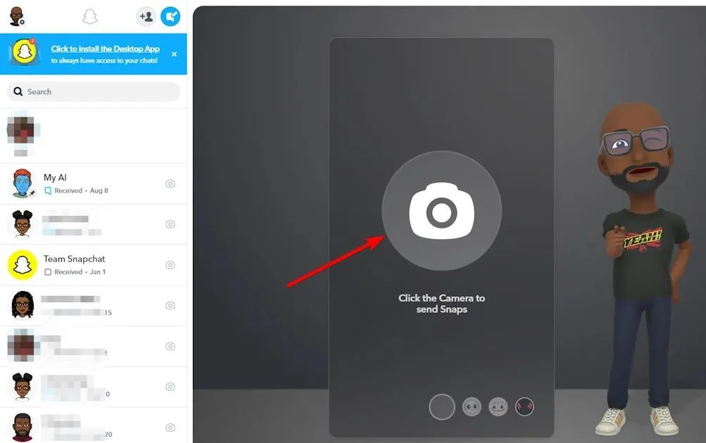 Vị trí biểu tượng máy ảnh để gửi Snap trên Snapchat Web, nằm ở giữa panel bên phải.