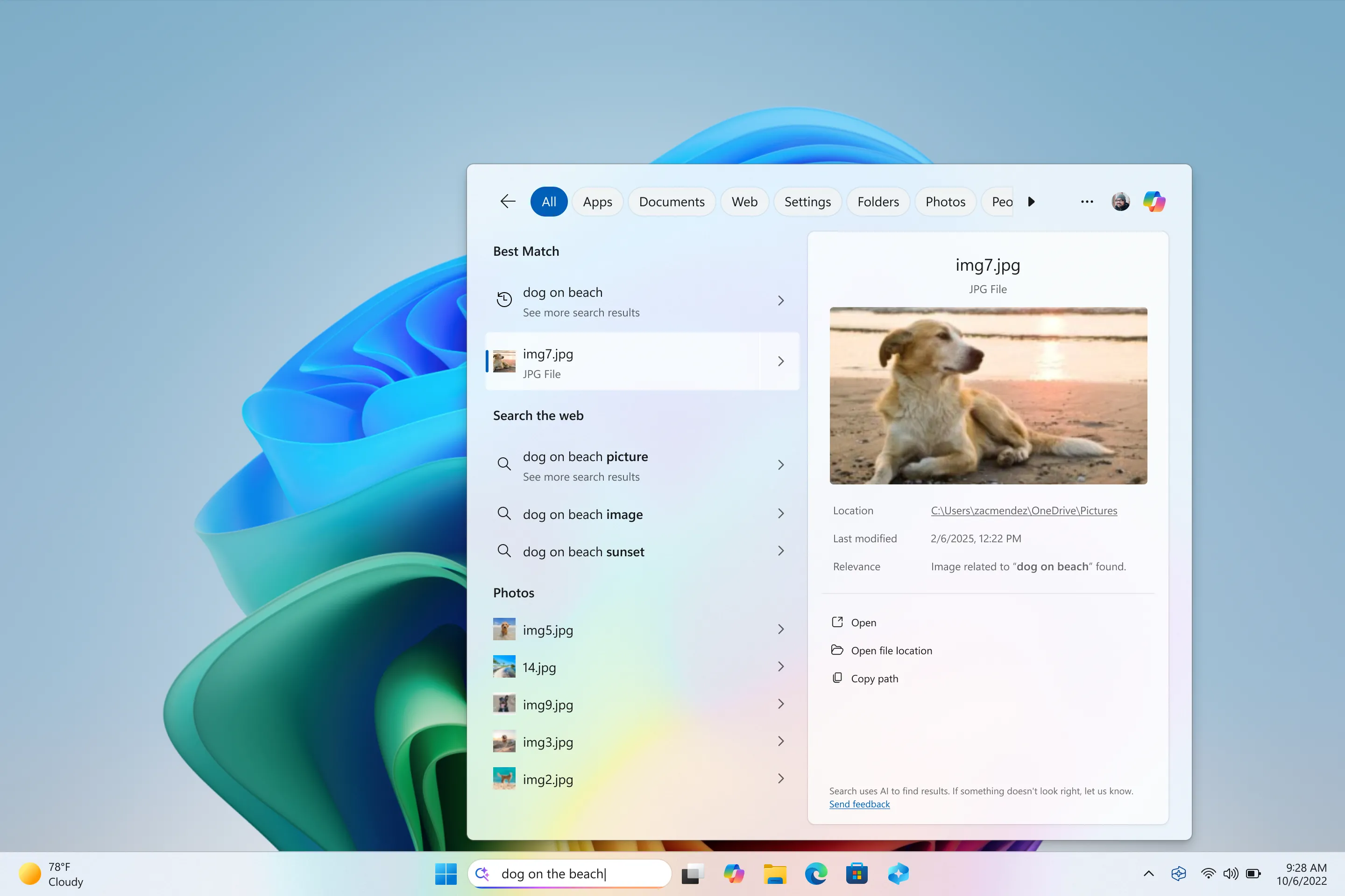 Windows File Explorer hiển thị kết quả tìm kiếm ảnh từ đám mây trên Windows 11