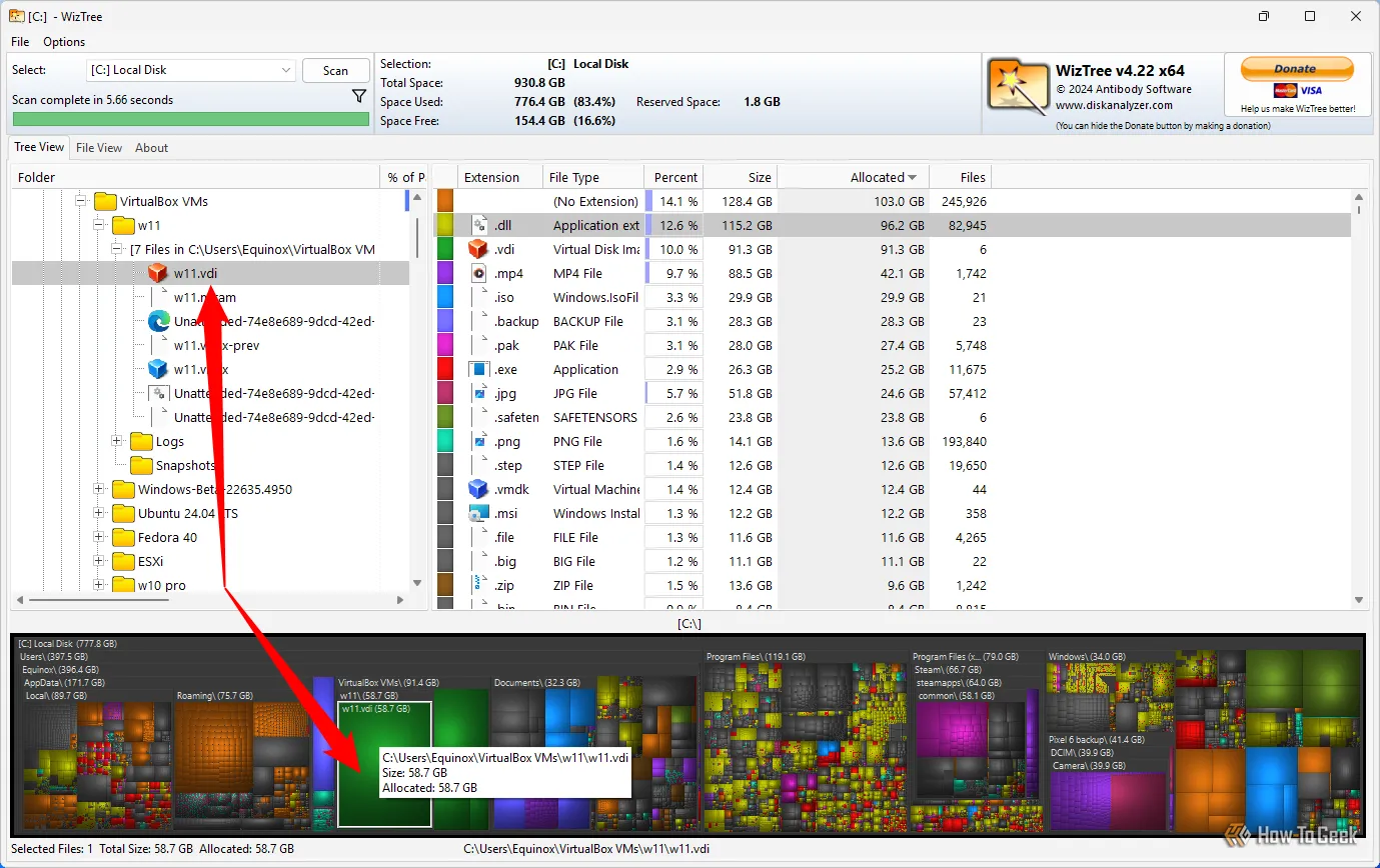 WizTree hiển thị vị trí và dung lượng của file VDI trong cấu trúc cây thư mục.