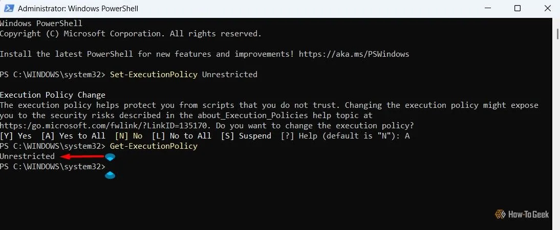 Xác nhận chính sách thực thi PowerShell đã được đặt thành Unrestricted