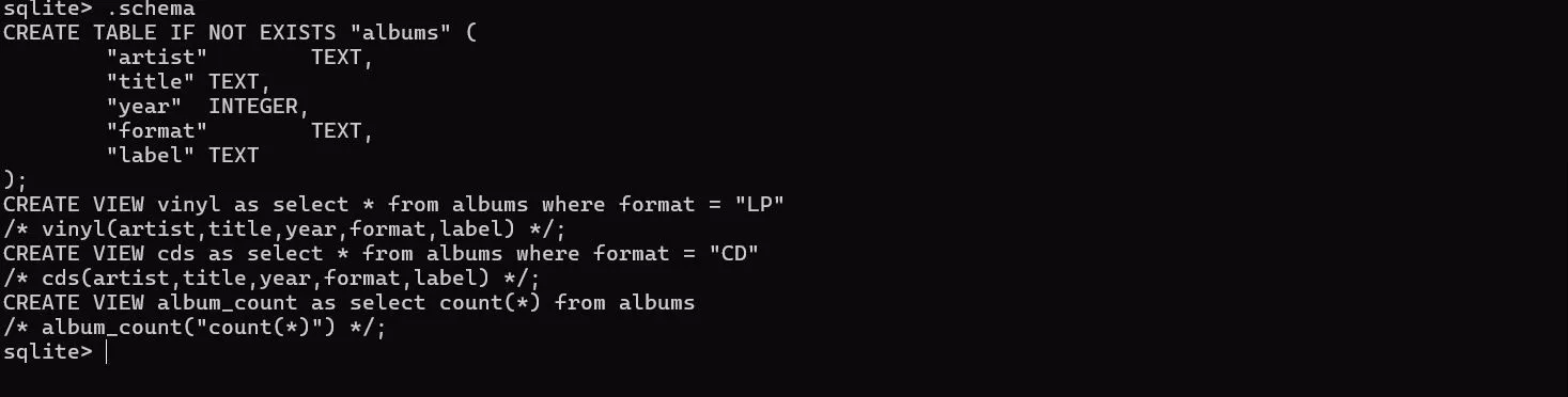 Xem schema của cơ sở dữ liệu bộ sưu tập nhạc trong SQLite
