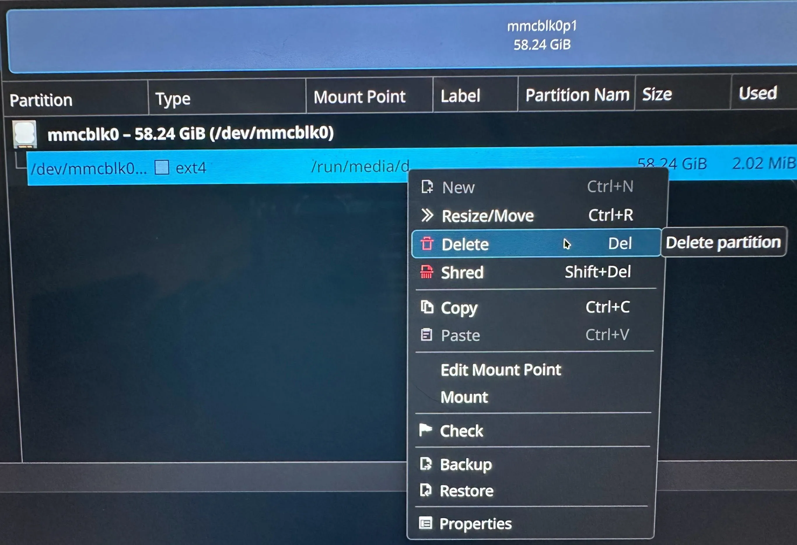 Xóa phân vùng thẻ nhớ SD trong KDE