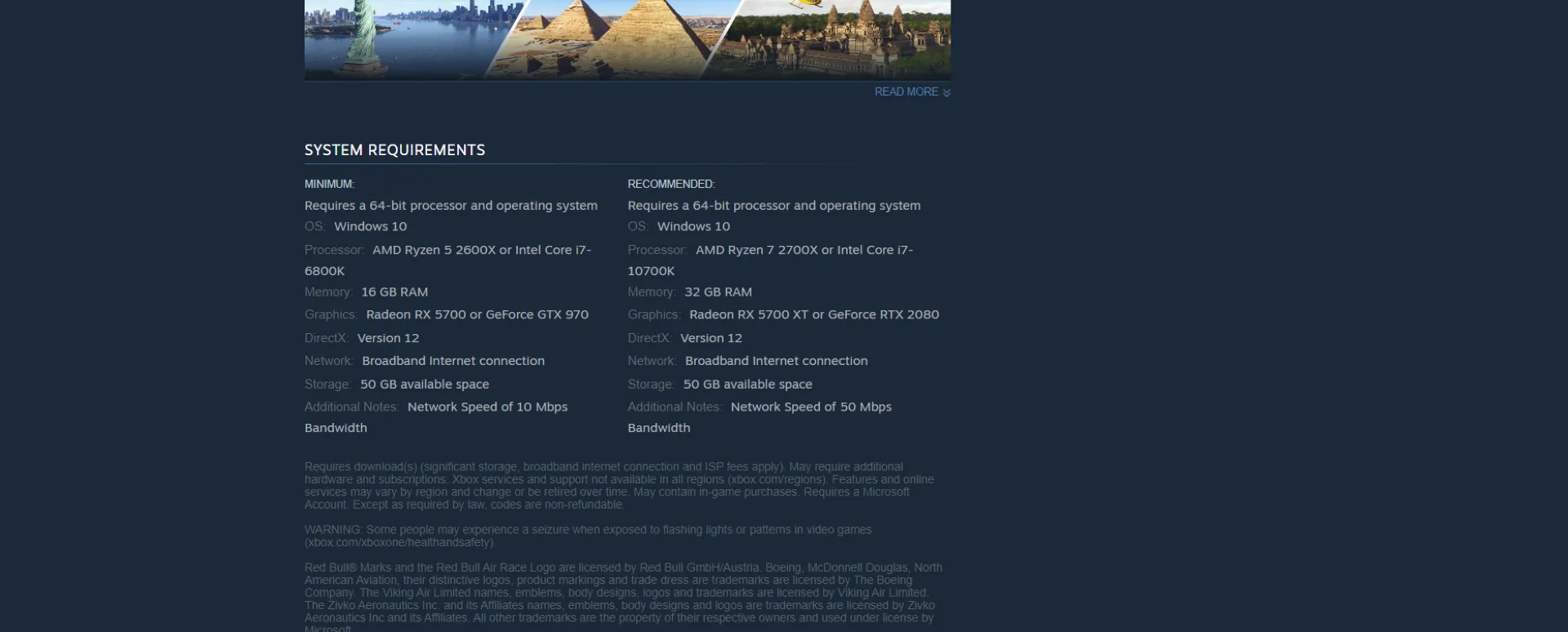 Yêu cầu cấu hình đề nghị của game Microsoft Flight Simulator 2024 trên Steam, hiển thị dung lượng RAM 32GB.